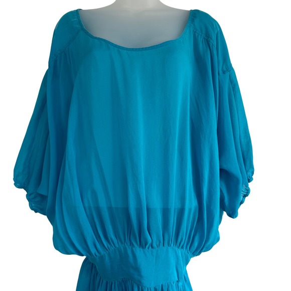 MARCIANO Silk Dolman Sleeve Smocked Waist Top Teal Blue Women Large Y2K - Picture 2 of 8